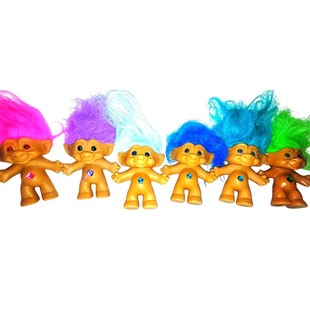 Six 3" Vintage Ace Novelty Gem Belly Button Wishstones Treasure Troll Doll Lot